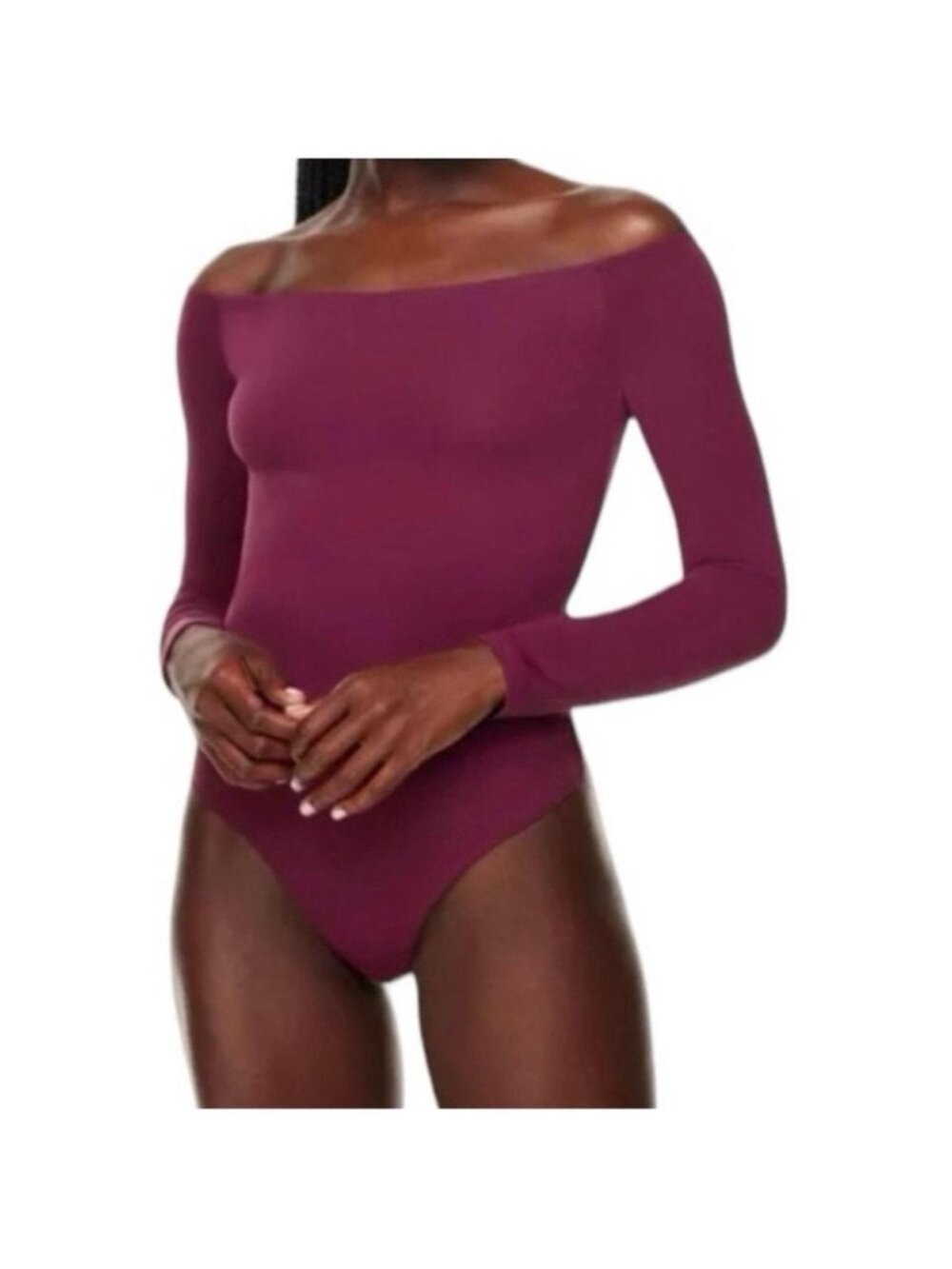 Babaton Aritzia Long Sleeve Off-Shoulder Thong Bodysuit - Burgundy. Size M.